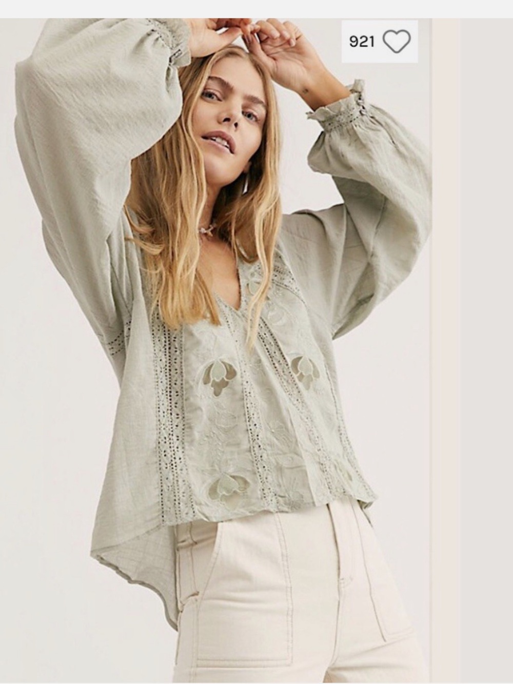 Free People Sivan Embroidered Blouse in Spanish Moss Lace Ruffle High-Low Small